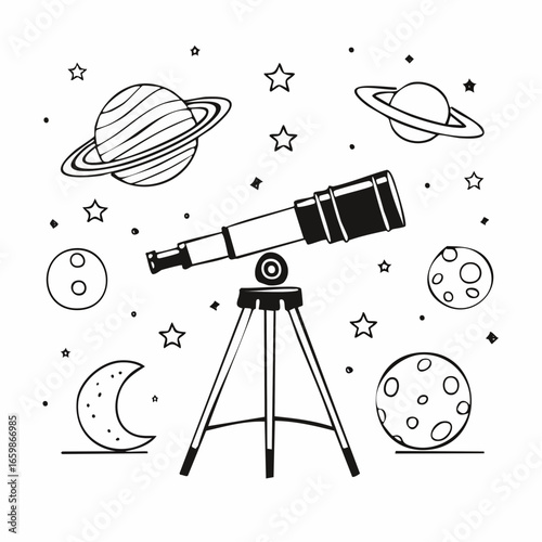 Line art illustration of a telescope on a tripod, surrounded by stylized planets, stars, and the moon, depicting the wonder of celestial observation and astronomical exploration.