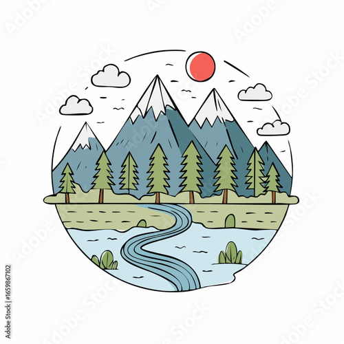 Serene Mountain Landscape with River, Pines, and Clouds in a Circular Design - Nature's Beauty