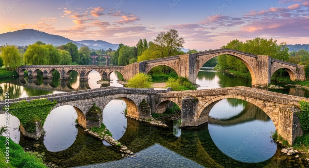 Fototapeta premium Panoramic view of ancient stone bridges over a river at dawn