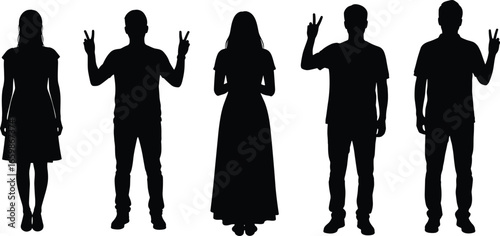 Silhouettes of men and women making peace signs with one or both hands, standing in casual and formal outfits, black isolated figures on white background
