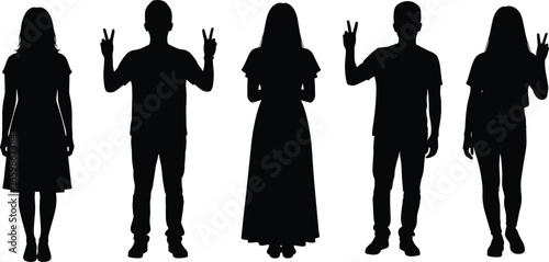 Silhouettes of men and women making peace signs with one or both hands, standing in casual and formal outfits, black isolated figures on white background