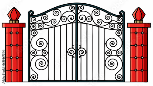 Antique wrought red iron gates with décor  pattern in white background vector illustration.