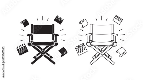 Film director chair with clapperboard and script