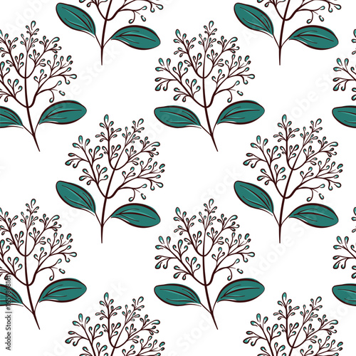 Seamless pattern with cinnamon flower branch drawn in flat style on white background. Perfect for botanical, bed linen and package design.