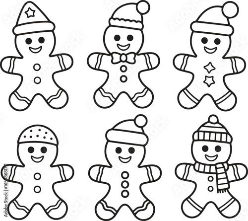 Hand drawn line art cartoon gingerbread men vector illustration set collection coloring page	