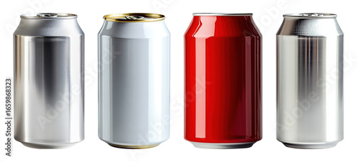 Four soda cans two metallic silver one white with gold pull tab and one red standing in a row transparent background