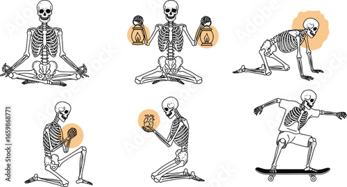 Skeleton character vector set, yoga, meditation, skateboarding, heart and energy concepts, orange accent highlights, black and white illustration, isolated on white