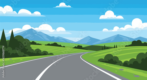 Scenic Countryside Road Winding Through Green Hills and Mountains Under a Blue Sky with Clouds landscape