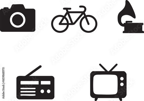 Everyday device glyph icons camera bicycle radio and television