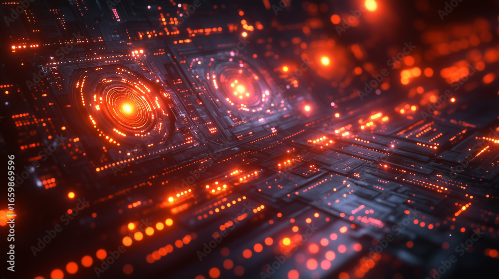 Obraz premium Futuristic Circuit Board with Glowing Orange Digital Patterns