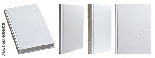 Four blank white hardback books displayed from different angles cover empty transparent background