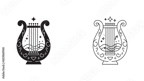 Lyre musical instrument outline pair with transparent background