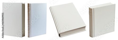 Four white hardcover books displayed from various angles binding pages transparent background