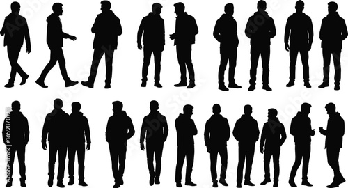 A comprehensive collection of black silhouettes featuring a young man in casual winter attire, captured in various walking and standing poses.