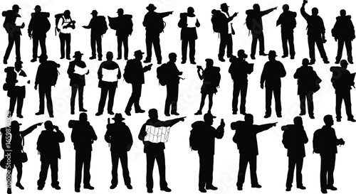 A diverse collection of hiker and traveler silhouettes, equipped with backpacks and maps, exploring and navigating their journey.