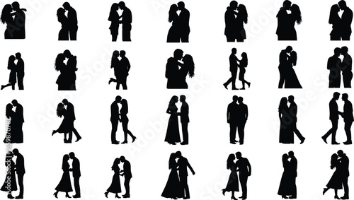 A romantic collection of black silhouettes featuring diverse couples embracing and kissing in various intimate and loving poses, isolated on white.