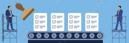 Automated checklist process with men on platforms and a large rubber stamp over conveyor belt items
