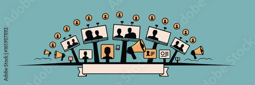 A stylized illustration of billboards with silhouettes of people and megaphones on a blue background