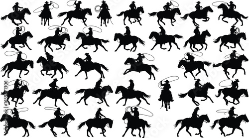 Cowboy horse riding silhouette collection, western rodeo action poses, lasso cowboy vector set, wild west ranch illustration, cowboy clipart
