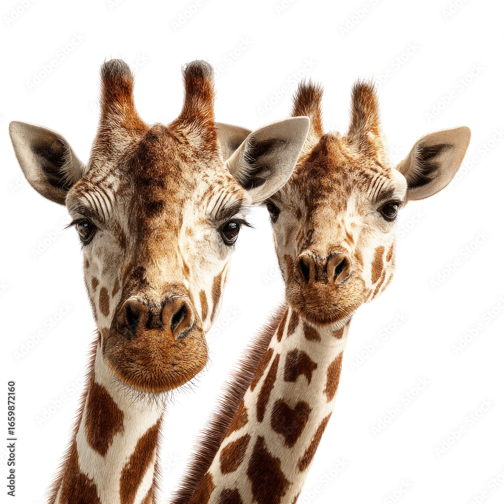 Naklejka premium Two giraffes gaze, their patterned coats & long necks in view