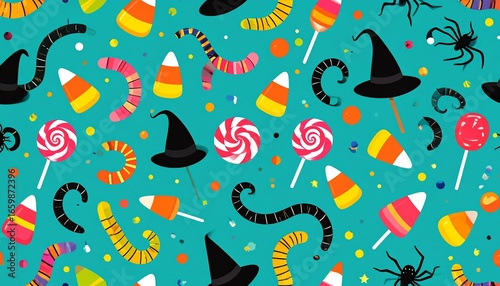 Halloween Gift Wrap Pattern with candy, witch hat