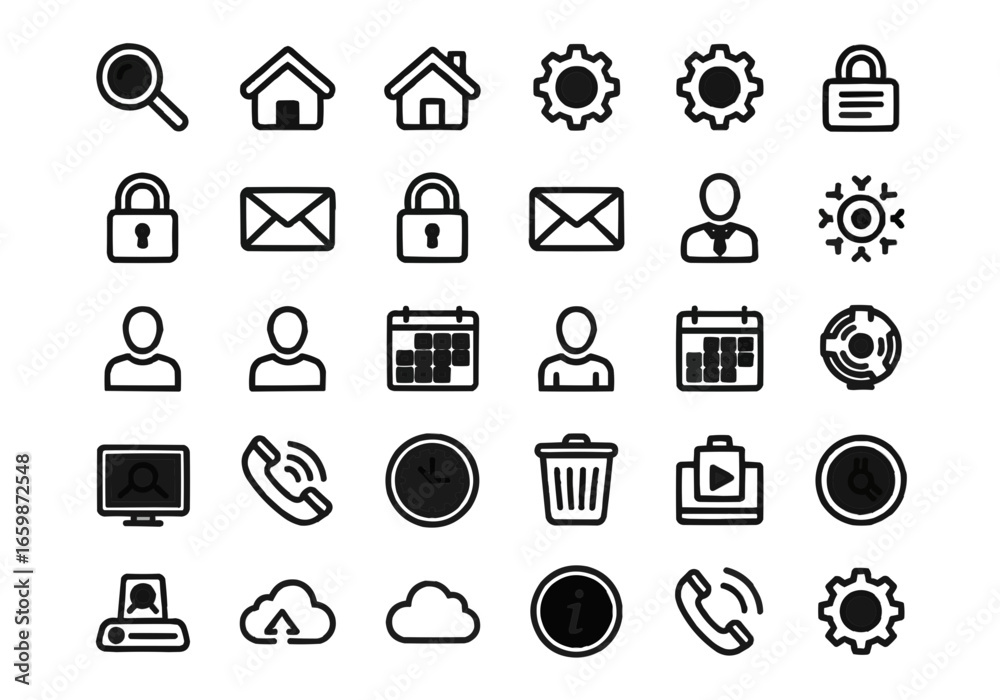 Fototapeta premium Collection of simple black line icons depicting common website and application interface symbols.