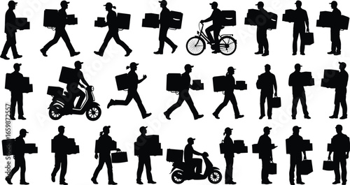 Silhouette delivery workers on foot, bicycle, and scooter, carrying packages and bags, diverse courier poses representing modern parcel transportation services