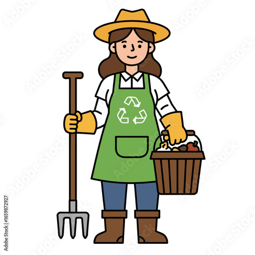 a woman gardener composting food waste in a basket wearing a green apron holding a pitchfork recycling for a sustainable environment