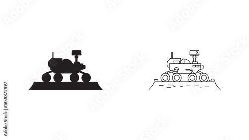 Mars rover icons set outline and silhouette style