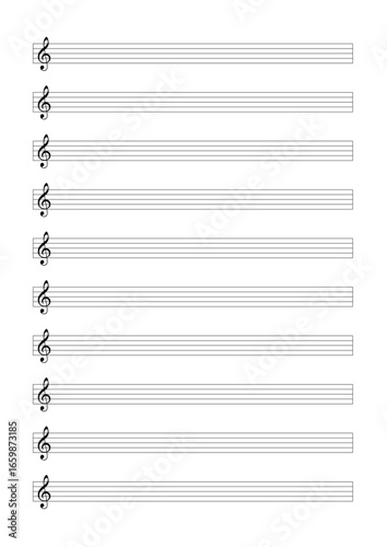 Sheet music notation blank template with treble cleft in A4 format
