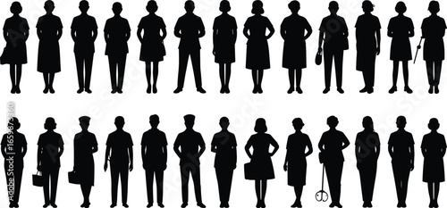 Silhouette people in diverse professions and roles, standing poses with accessories, bags, cane, clipboard, occupational diversity illustration concept