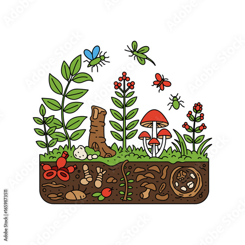 biodegradable ecosystem illustration showcasing diverse life depicting soil composition fostering ecological awareness perfect for environmental education