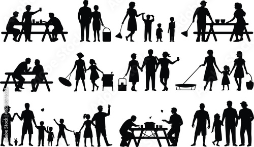 Silhouette people in everyday community activities, families and friends interacting, walking, sitting, holding hands, sharing moments, companionship, social connection concept
