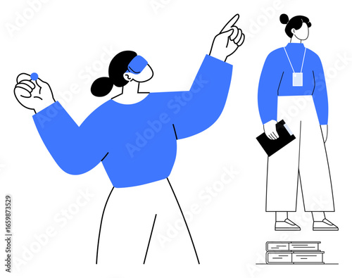 Minimalist illustration of a woman gesturing expressively and another standing beside books with a clipboard. Ideal for education, teamwork, leadership, creativity, communication, seminar