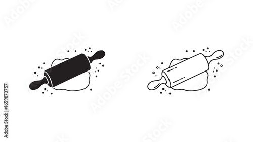 Rolling pin with dough and flour with transparent background