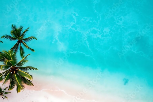 Captivating aerial view showcasing an untouched tropical beach, where brilliant turquoise ocean meets soft white sand and lush green palm trees, an idyllic paradise.
