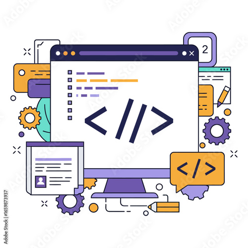 coding education illustrating software development on a computer screen surrounded by programming tools ideal for tech blogs and educational resources.