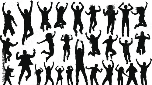 Silhouette people jumping and raising arms in dynamic poses, energetic movement, celebration, joy, freedom, active lifestyle illustration concept
