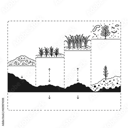 composting stages diagram showing waste decomposition from organic material into nutrient-rich soil for plant growth and sustainability promoting ecology