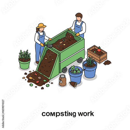 composting work man and woman turning a compost bin in the garden showing sustainability and eco-friendly practices perfect for illustrating environmental awareness