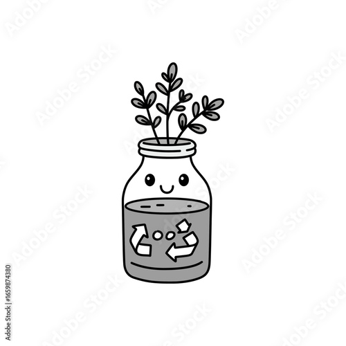 Cute upcycle glass jar with plant a whimsical illustration for eco-friendly living and creative reuse concepts perfect for blogs and sustainable projects.