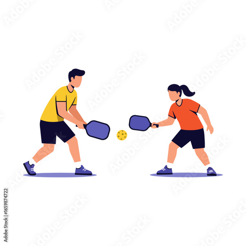 Energetic pickleball game man and woman playing with paddles on court illustrating sportsmanship fitness and leisure activity for recreational fun.