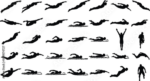 Silhouette swimmers in various strokes and diving poses, freestyle, backstroke, breaststroke, butterfly, aquatic sports illustration, swimming technique concept