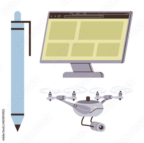 Drone with camera, stylus pen, and desktop monitor with browser window. Ideal for technology, innovation, creativity, remote work, education digital media modern workflows. Simple flat metaphor