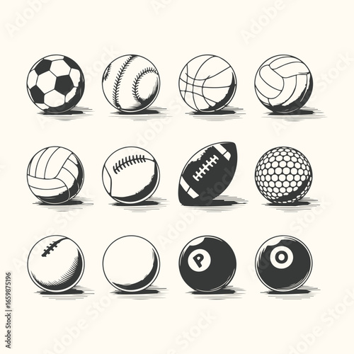 A colorful vector illustration shows a set of popular sports balls, including football, basketball, tennis, volleyball, and soccer