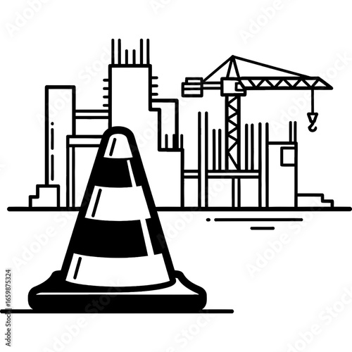 Construction Site Safety Cone with Industrial Building Background