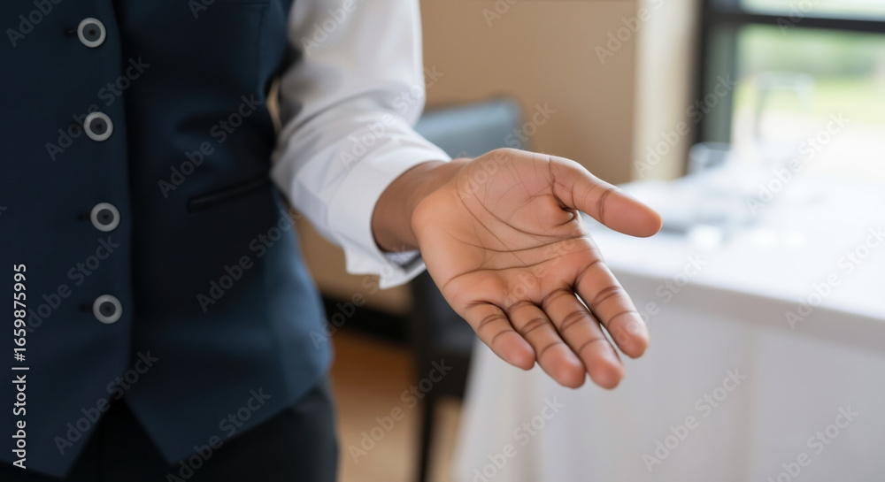 Fototapeta premium Man extending open palm hand in business gesture for help or handshake offer. Professional greeting and assistance communication for corporate partnership and client service