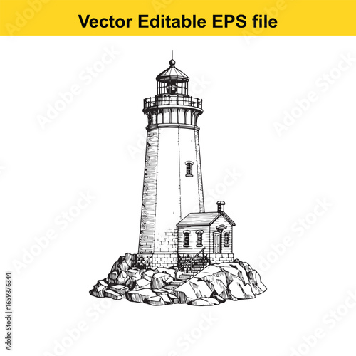 Vintage lighthouse with attached house on rocky shore, isolated on white background