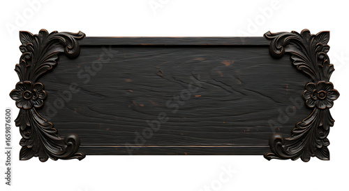 Front-facing realistic antique carved dark wood nameplate with ornamental floral Halloween bat edges aged wood texture isolated on transparent background no text