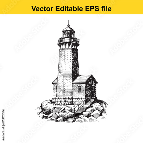 Vintage lighthouse with attached house on rocky shore, isolated on white background